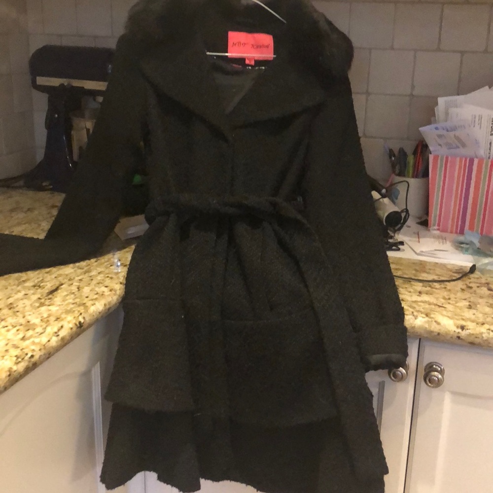 Betsey Johnson belted ruffle hem wool coat xs